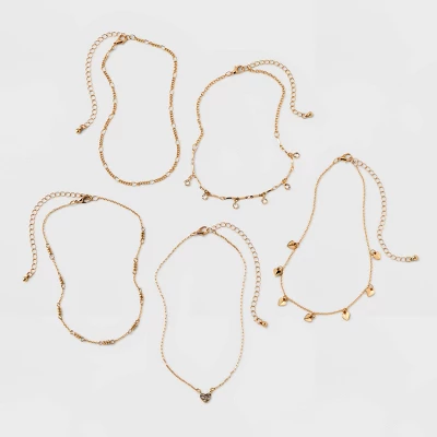 Embellished Heart Chain Choker Necklace Set 5pc - Wild Fable™ Gold 1 Embellished Heart Chain Choker Necklace Set 5pc - Wild Fable™ Gold