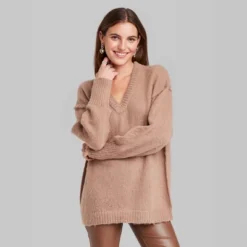 Women's V-Neck Fuzzy Oversized Pullover Sweater - Wild Fableā¢