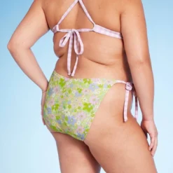 Women's Reversible Side-Tie Extra High Leg Cheeky Bikini Bottom - Wild Fable™ Green Floral Print/Purple Gingham Print